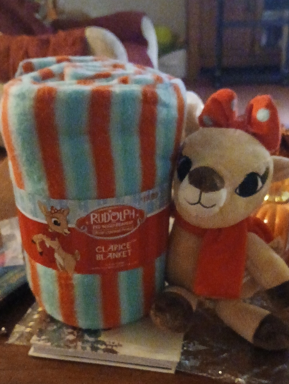 Rudolph Plush & Striped Clarice Blanket - Red and Light Blue